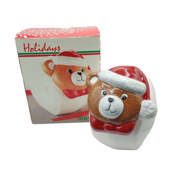 Vtg Christmas Teddy Bear Cookie Jar Ceramic 1987 Taiwan Himark Santa Hat - Picture 1 of 15